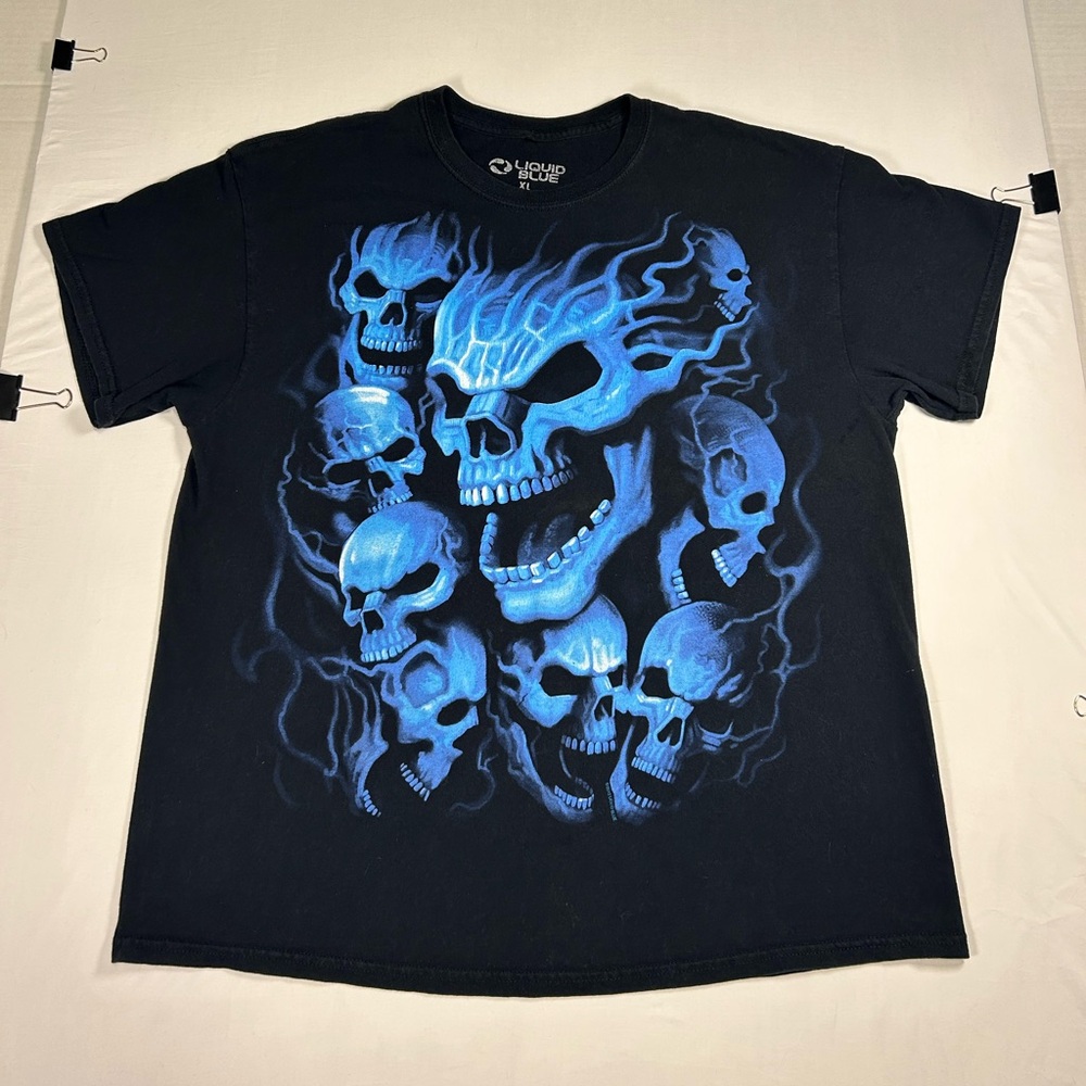 Liquid Blue Skull Flame T-Shirt Grunge Y2K 2013 Blue Black Men's Size XL